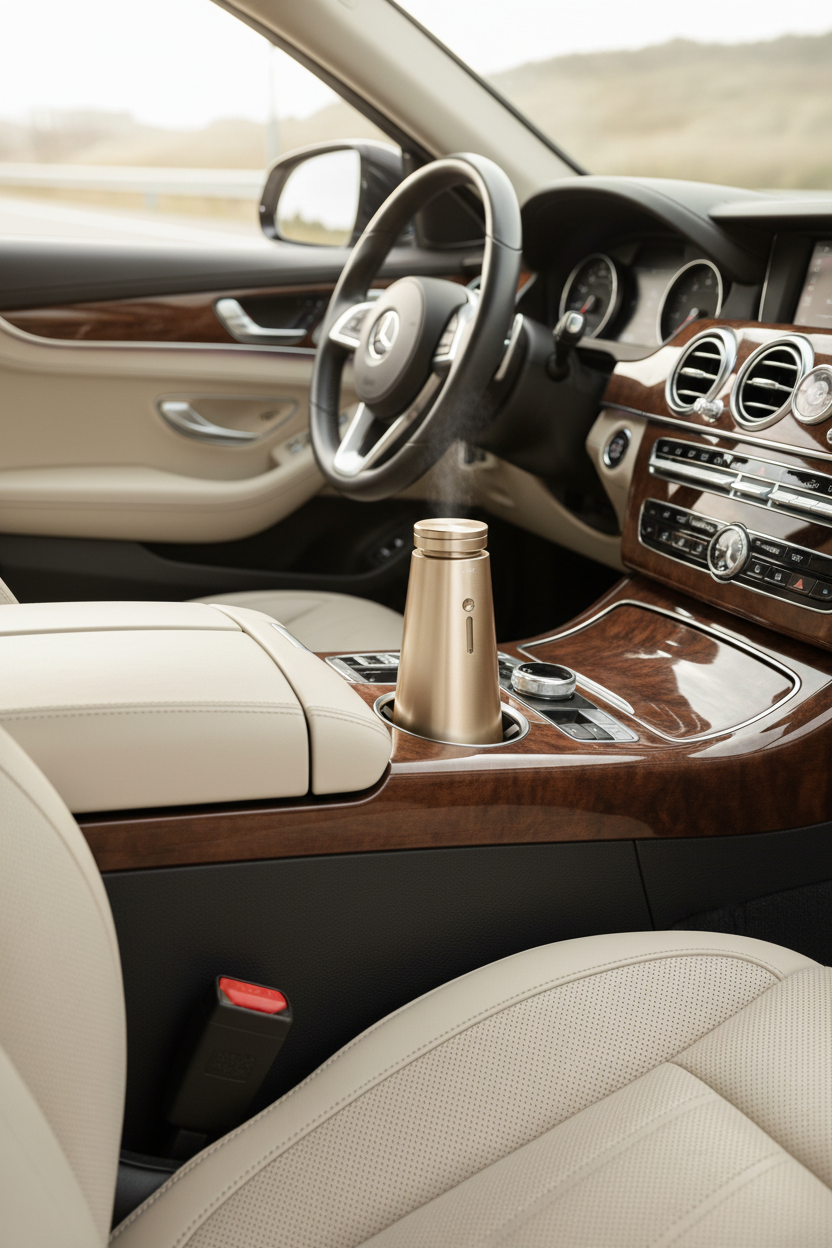Ensō Mini diffusing in the cupholder of a luxury car interior